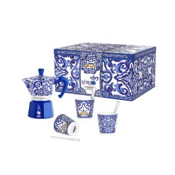Bialetti Set Moka Express Blu Mediterraneo 3 Tz, 3 Bicchierini Di Porcellana E 3 Palettine Argentate